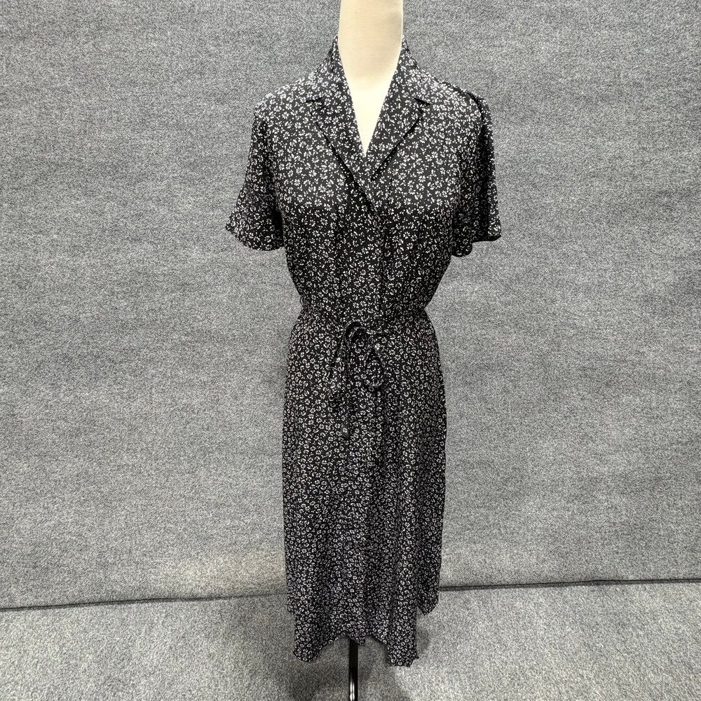 Club Monaco Dress Womens M Black Silk Floral Short Sleeve Belted Shirt Midi